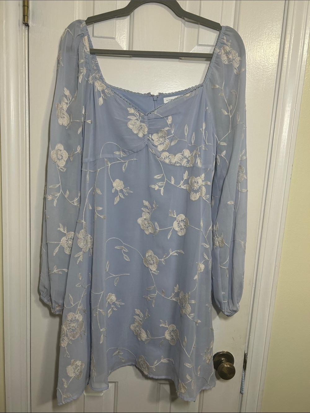 Altar’d State, Light Blue Floral Embroidered Long Sleeve Dress, Size XL